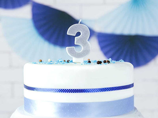 Number "3" Silver Glitter Candle