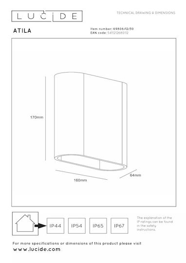 Lucide Lightning Atila Επιτοίχιο Εξωτερικό Φωτιστικό LED IP54 με Θερμό Λευκό Φως