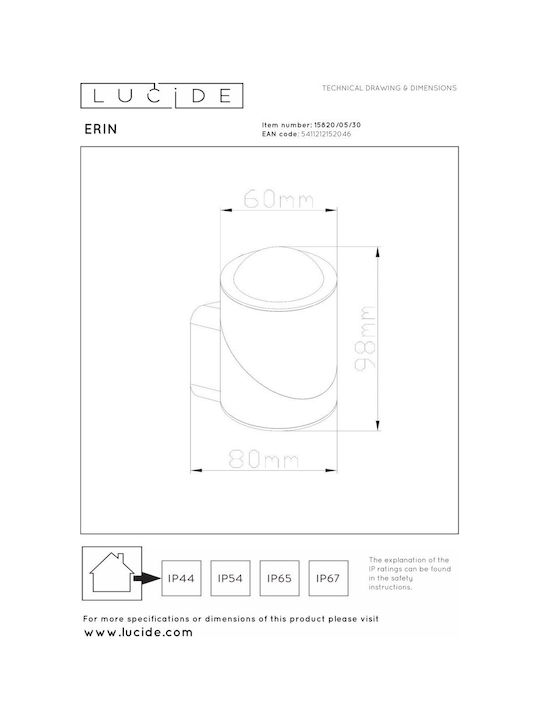 Lucide Lightning Erin Επιτοίχιο Εξωτερικό Σποτ LED IP65 με Θερμό Λευκό Φως