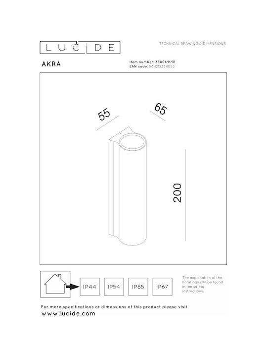 Lucide Lightning Akra Επιτοίχιο Εξωτερικό Φωτιστικό LED IP54 5W με Θερμό Λευκό Φως 6εκ.