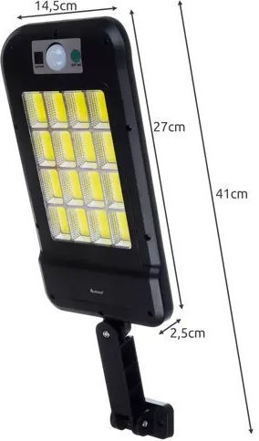 Соларна улична лампа с 240 LED COB сензор за движение, вграден соларен панел, 4 режима на работа, мощност 72 W, ъгъл на осветление 120, IP 67, монтажно рамо, дистанционно управление, време на работа 8-10 часа, вертикално-хоризонтално регулиране