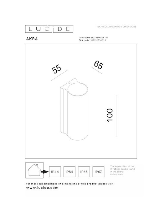 Lucide Lightning Akra Стенно Външно Осветително Тяло LED IP54 с Топло бяло Светлина