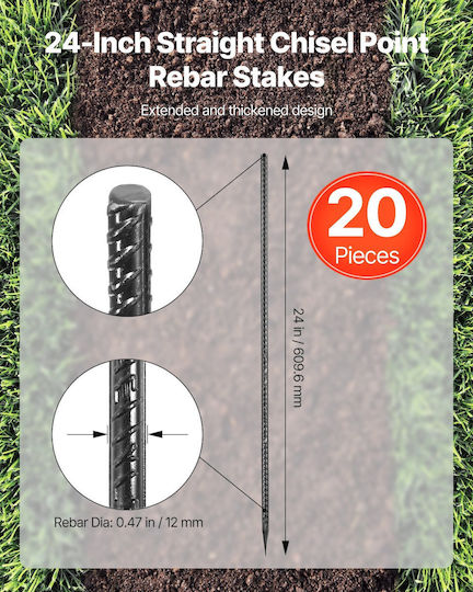 Vevor 24-inch 20 Pack Rebar Stakes Heavy Duty Straight Galvanized Ground Anchors