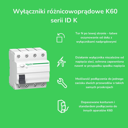 Schneider Electric Ρελέ Ράγας Διαρροής 40A Διπολικό