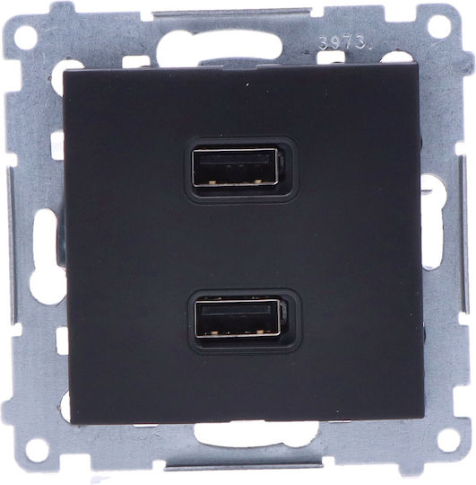 Kontakt-Simon Walled Power Socket with 2 USB Ports Black