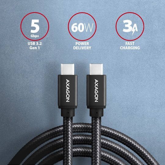 Axagon Braided USB 3.2 Cable USB-C male - USB-C 60W PD Μαύρο 2m BUCM3-CM20AB