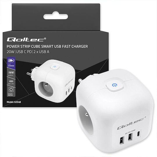 Qoltec Захранваща лента с 2 USB-A, 1 USB-C и Превключвател