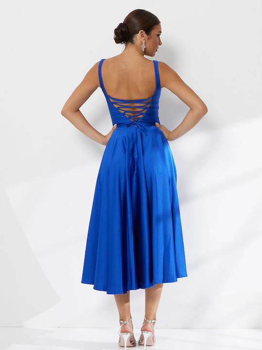 Summer Midi Dress for Wedding Christening Satin Blue