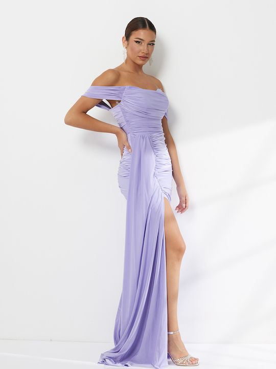 Maxi Evening Drape Dress with Slit Lilac