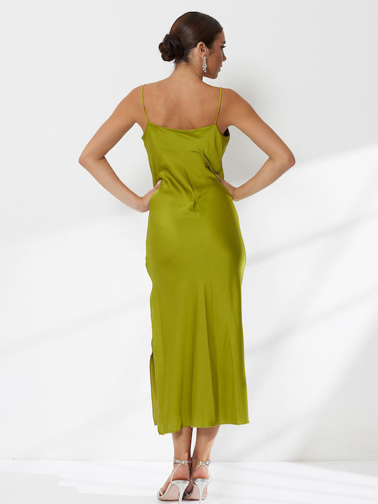Sommer Maxi Abend Damenkleid Slip Dress Satin Drapierung Grün
