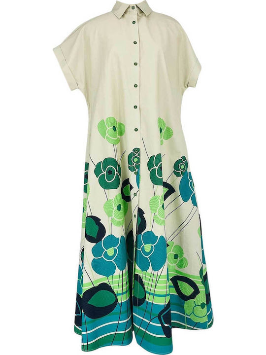 Summer Maxi Shirt Dress Beige/Green
