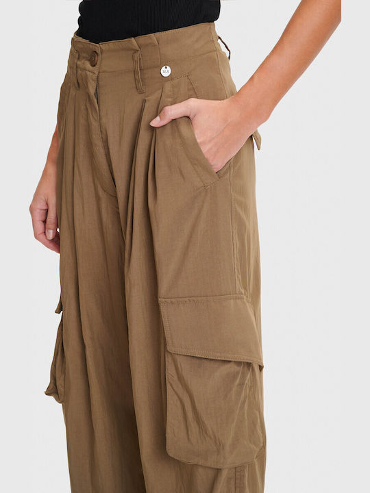 Damen Hoch tailliert Stoff Cargo Hose in Paperbag Passform Brown