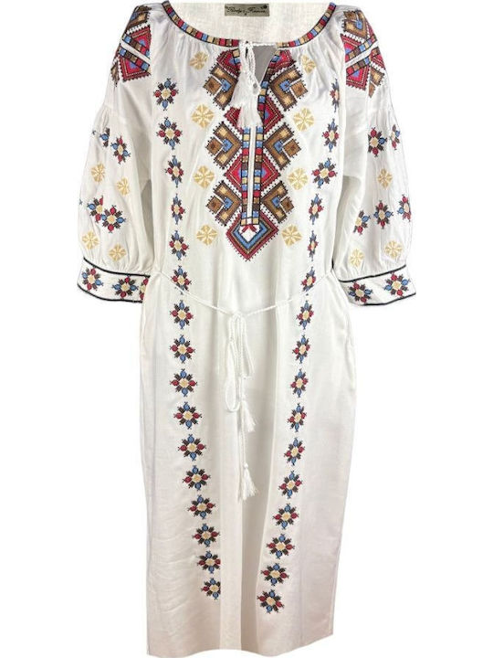 Καλοκαιρινό Midi Φόρεμα White, Brown