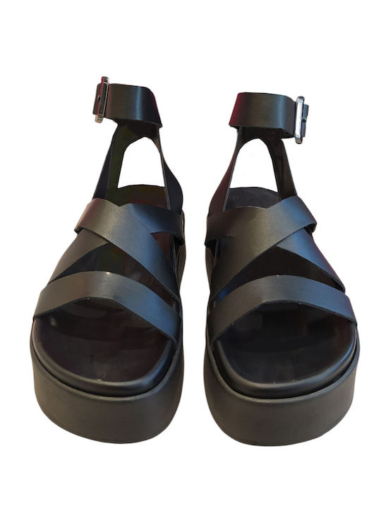 Leather Women's Flat Sandals in Black Color