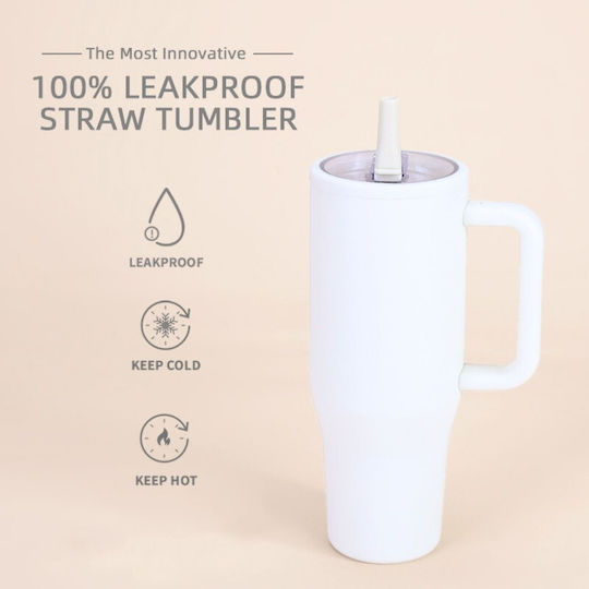 Uncle George Handled Tumbler Thermos Stainless Steel / Aluminum BPA Free 1.2lt Straw Handle White With Straw And Handle