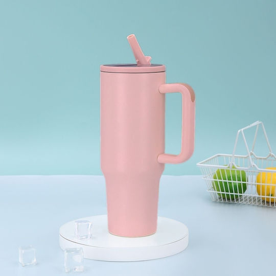 Uncle George Handled Tumbler Θερμός Ανοξείδωτο / Αλουμίνιο BPA Free 1.2lt Καλαμάκι Λαβή Ροζ με Καλαμάκι και Λαβή