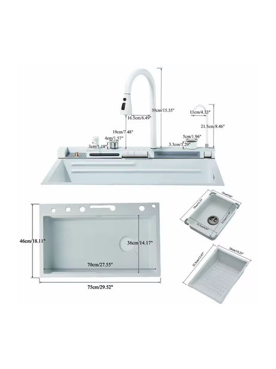 Naron Επικαθήμενος Νεροχύτης Inox με Μπαταρία Μ75xΠ46cm Λευκός