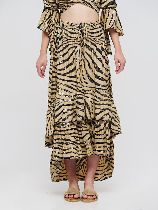 Ble Skirt Long Asymmetrical With Bolan Beige-Black ''zebra'' With Silver/Gold Details M/l (100% Crepe)cm 5-41-348-0796