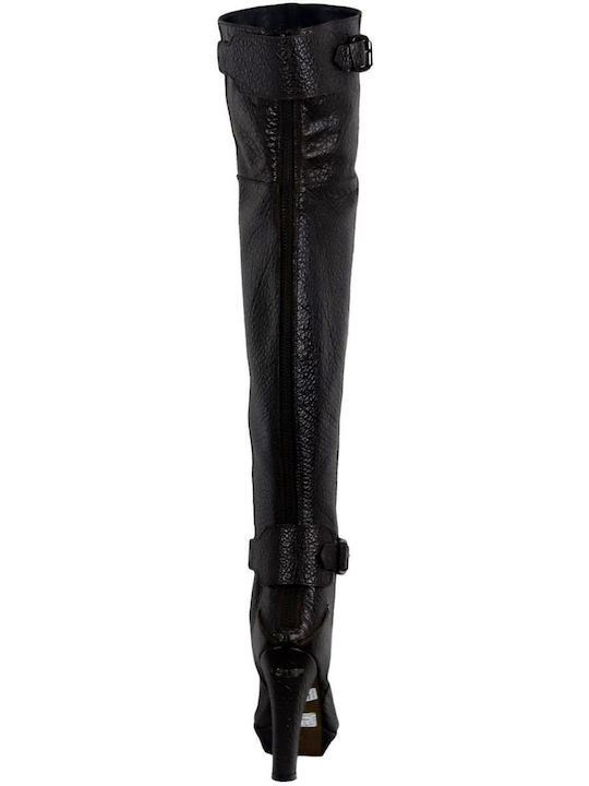 Leder Damenstiefel Über dem Knie Schwarz