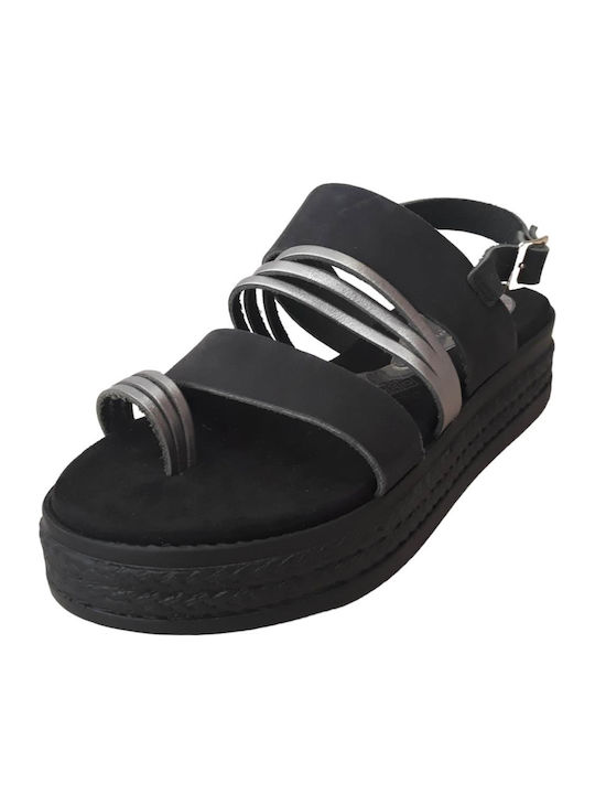 Leather Flatform Silver Details Narrow Fit Choose One Size Larger 1010 Black Women's Flat Sandals