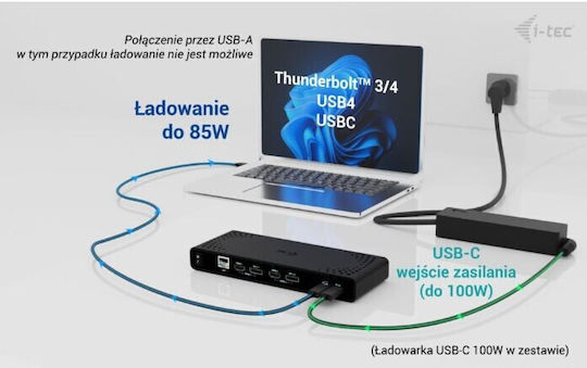 i-tec USB-C Docking Station με HDMI/DisplayPort 4K PD Ethernet και σύνδεση 2 Οθονών Μαύρο (CADUA4KDOCKPDB100)