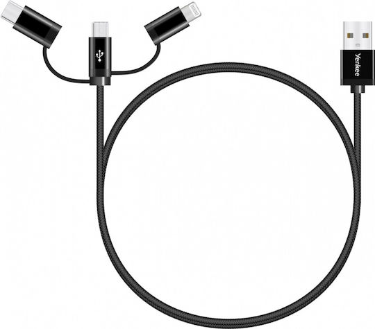 Yenkee Braided USB to Lightning / Type-C / micro USB Cable Μαύρο 1m (YCU 400 BK)
