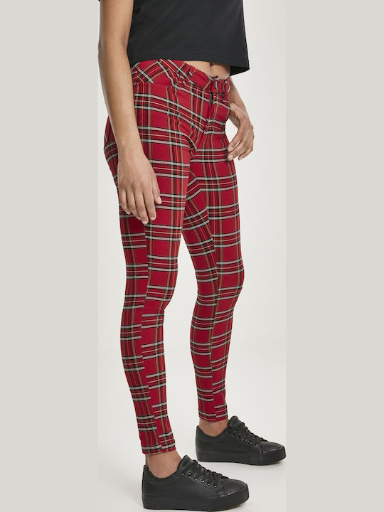 Women's Fabric Trousers Skinny Fit Checked Red