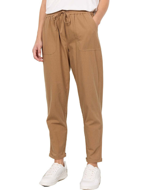 Damen Stoff Hose mit Gummizug Beige