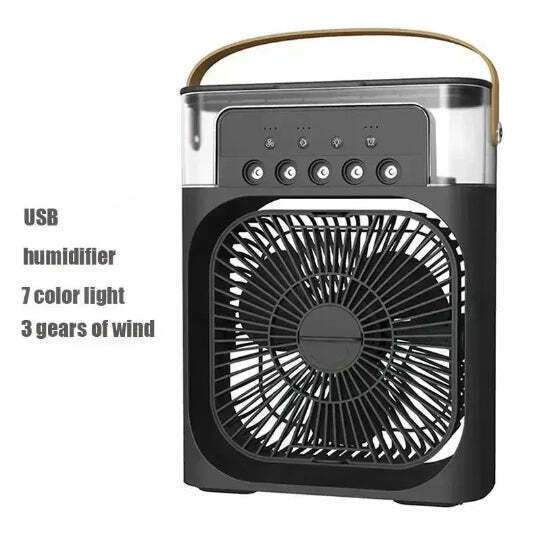 Fan Mini Air Cooler Usb Electric Fan Humidifier 7 Light Colors 3 Speeds 10w Black