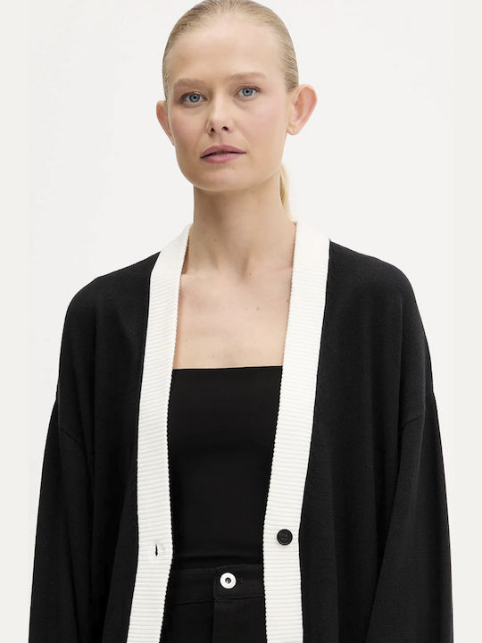 Lange Gestrickte Strickjacke für Damen mit Knöpfen in Schwarz
