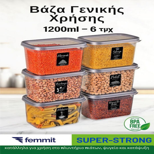 Femmit Σετ 6 Τμχ Βάζα Γενικής Χρήσης 1200 Ml Αεροστεγές Καπάκι Πλαστικό Femmit Σετ 6 Τμχ Βάζα Γενικής Χρήσης 1200 Ml Αεροστεγές Καπάκι Πλαστικό