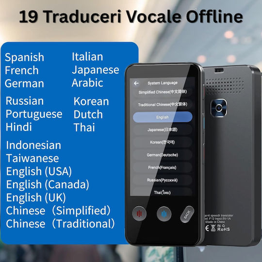Smart Translator Ecran 3.4" 5mp Wifi Bluetooth Ai Chatgpt Traducere Vocală 143 Limbi Online/19 Offline Text Foto Ecran Tactil Carcasă Inclusă Negru
