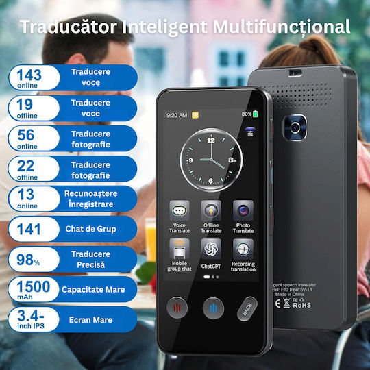 Smart Translator Ecran 3.4" 5mp Wifi Bluetooth Ai Chatgpt Traducere Vocală 143 Limbi Online/19 Offline Text Foto Ecran Tactil Carcasă Inclusă Negru
