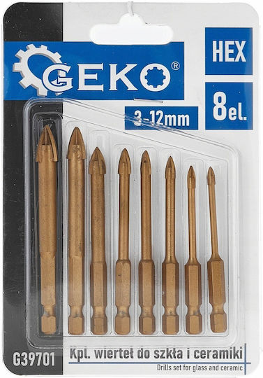 Geko Set of 8 Drills Carbide with Hexagonal Shank for Glass και Tiles