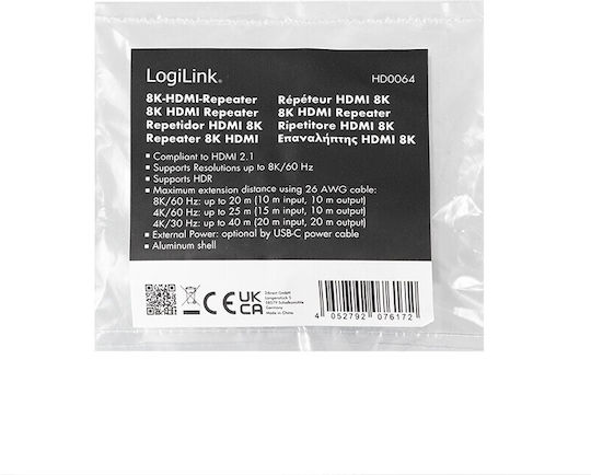 Logilink HDMI Repeater 8K/60Hz HDCP2.3 Aluminium Blau