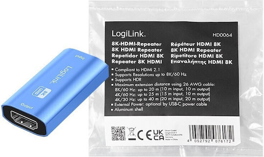 Logilink HDMI Repeater 8K/60Hz HDCP2.3 Aluminium Blau