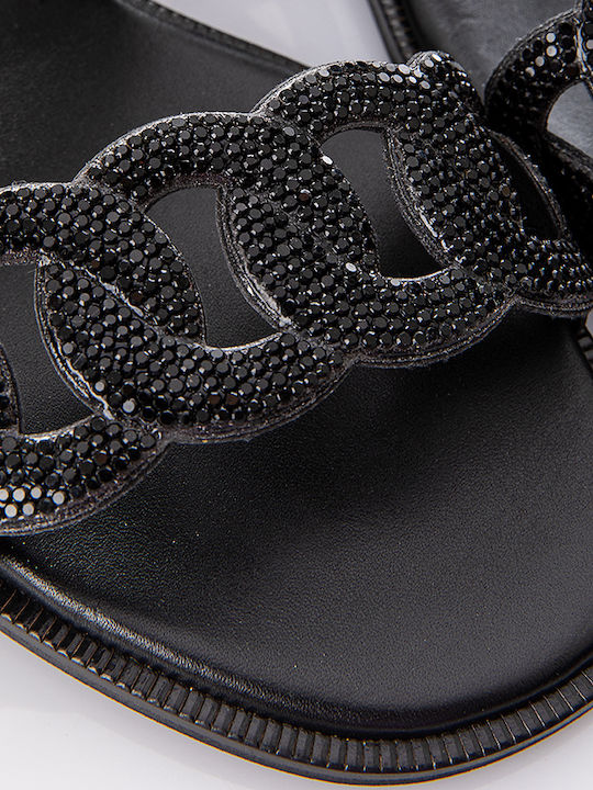 Leather Women's Flat Sandals in Black Color