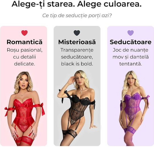 Set De Lenjerie Sexy Intimă Pentru Femei Corset Modelator Body Push-up Dantelă Violet