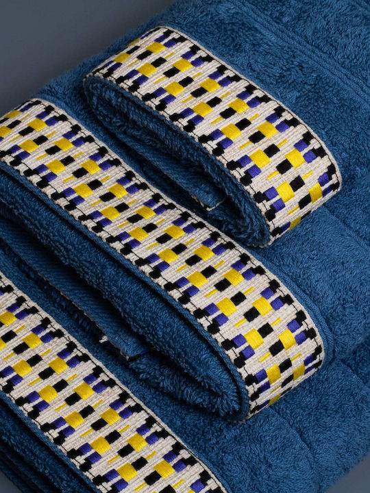 White Fabric Bath Towel Cotton 70x140cm Blue Weight 600gr/m²