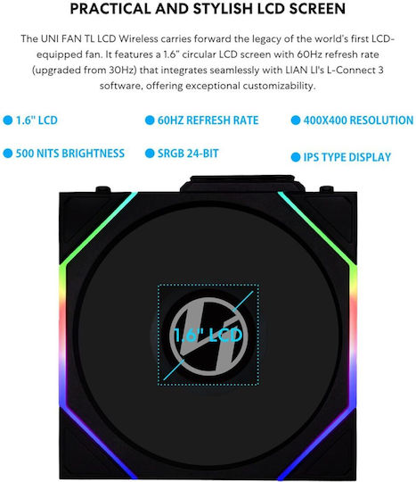 Lian Li UNI FAN TL Wireless LCD 140 Reverse Blade Case Fan (54.3cfm) with ARGB Lighting and 4-Pin PWM Connection