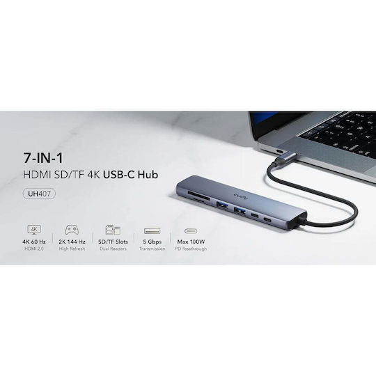 Cudy UH407 USB-C Докинг станция с HDMI 4K PD Сив