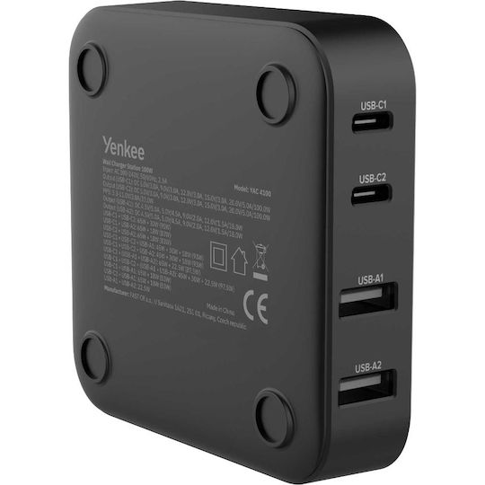 Yenkee Βάση Φόρτισης με 2 Θύρες USB-A και 2 Θύρες USB-C και Καλώδιο USB-C 100W Power Delivery / Quick Charge 2.0 / Quick Charge 3.0 / Quick Charge 4+ / Quick Charge 4.0 σε Μαύρο χρώμα (YAC 4100)