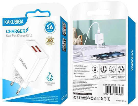 Kakusiga Φορτιστής Χωρίς Καλώδιο με 2 Θύρες USB-A Λευκός (KSC-1620)