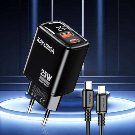 Kakusiga Φορτιστής με Θύρα USB-A και Θύρα USB-C και Καλώδιο USB-C - USB-C 25W Power Delivery / Quick Charge 3.0 Μαύρος (KSC-1615)
