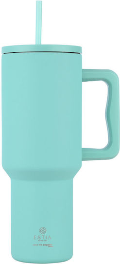 Estia Straw Tumbler XL Save the Aegean Рециклируем Чаша с дръжка Термос Неръждаема стомана Без BPA 900мл Bermuda Green с Сламка и Дръжка