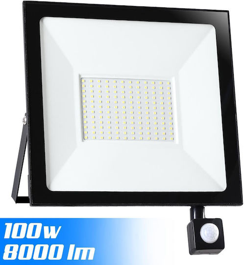 Bakaji Στεγανός Προβολέας LED 100W Ψυχρό Λευκό 6000K με Αισθητήρα Κίνησης και Φωτοκύτταρο IP65