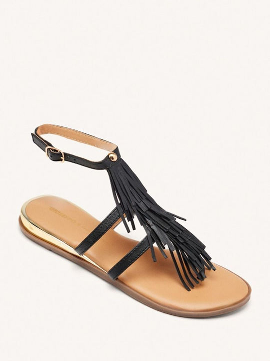 Leather Women's Flat Sandals Anatomic with Strap in Black Color