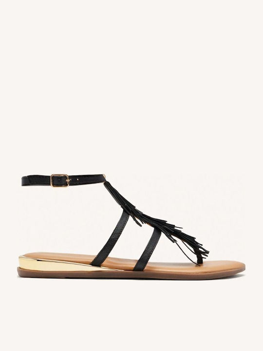 Leather Women's Flat Sandals Anatomic with Strap in Black Color