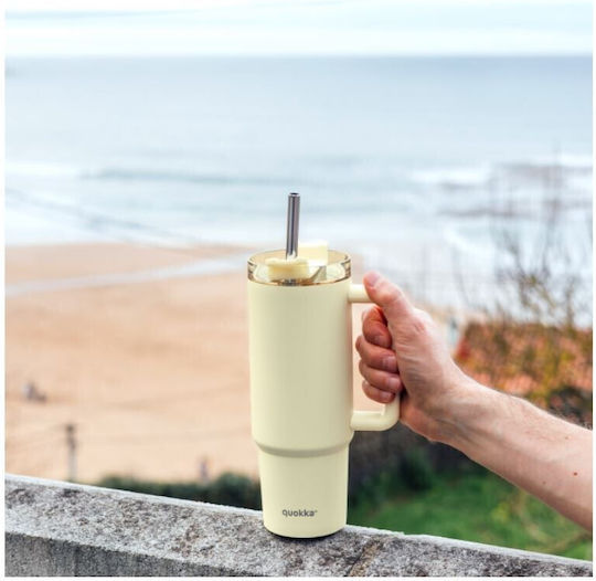 Quokka Glass Thermos Stainless Steel 880ml Pastel Yellow with Straw