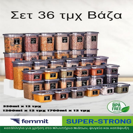 Femmit Σετ 36 Τμχ Βάζα Γενικής Χρήσης 550 1,200 1,700 Ml Αεροστεγές Καπάκι Πλαστικό Femmit Σετ 36 Τμχ Βάζα Γενικής Χρήσης 550 1,200 1,700 Ml Αεροστεγές Καπάκι Πλαστικό